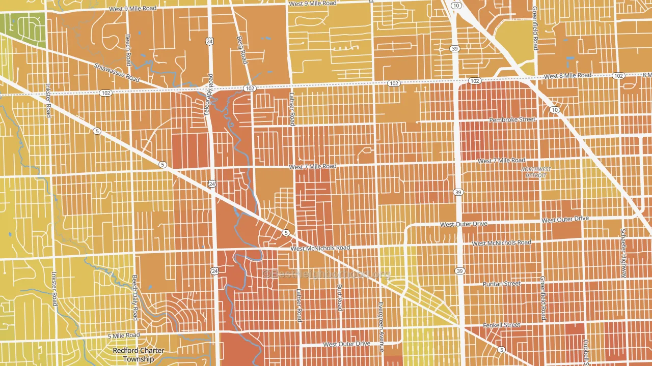 Map of the best neighborhoods in the 48219 area, with better matches in green and worse matches in red
