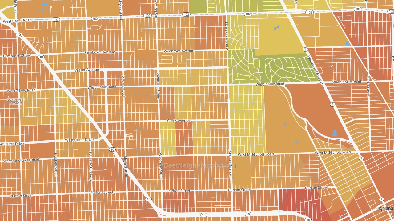 Map of the best neighborhoods in the 48221 area, with better matches in green and worse matches in red