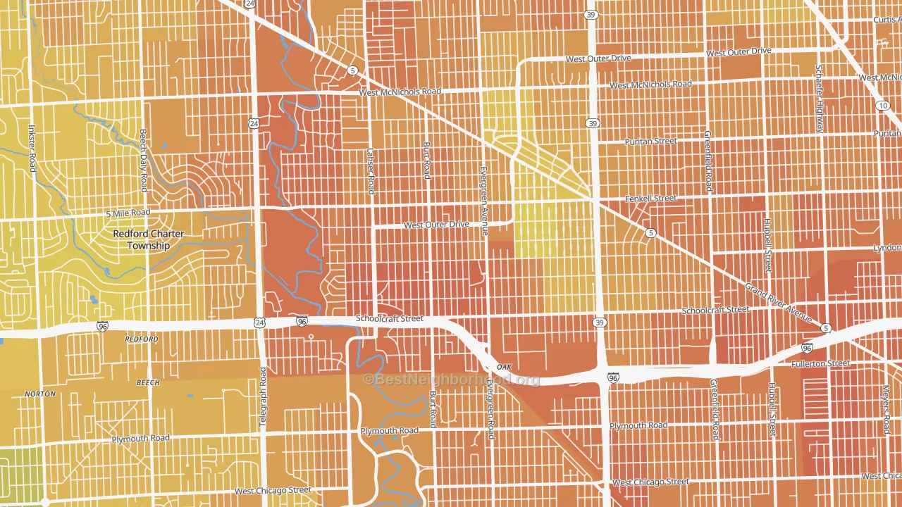 Map of the best neighborhoods in the 48223 area, with better matches in green and worse matches in red