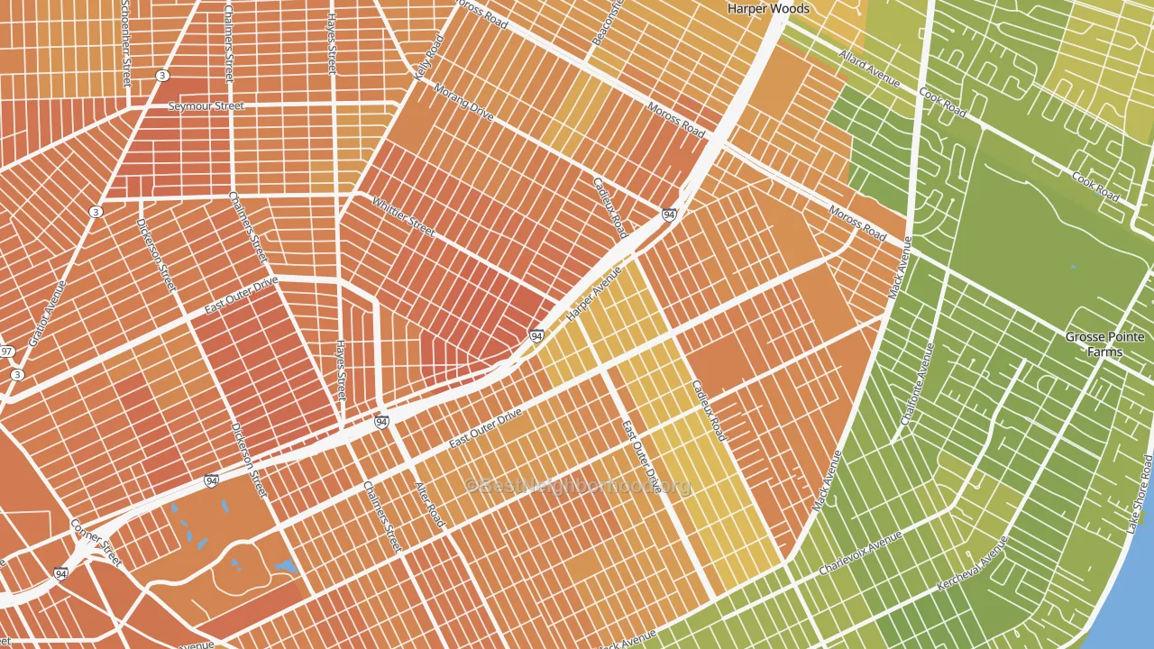 Map of the best neighborhoods in the 48224 area, with better matches in green and worse matches in red
