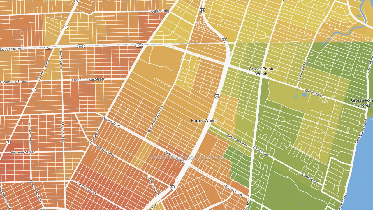 Map of the best neighborhoods in the 48225 area, with better matches in green and worse matches in red