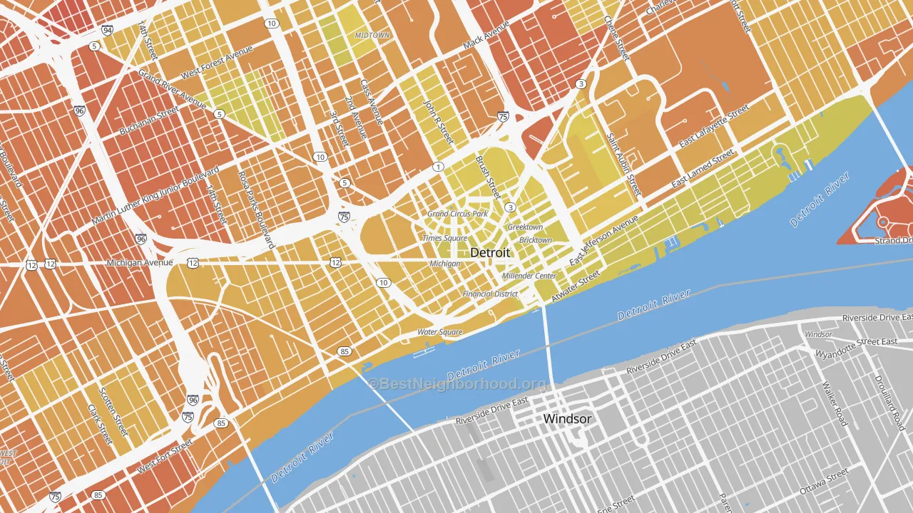 Map of the best neighborhoods in the 48226 area, with better matches in green and worse matches in red