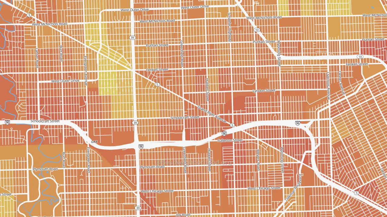 Map of the best neighborhoods in the 48227 area, with better matches in green and worse matches in red
