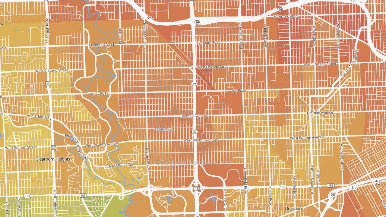 Map of the best neighborhoods in the 48228 area, with better matches in green and worse matches in red