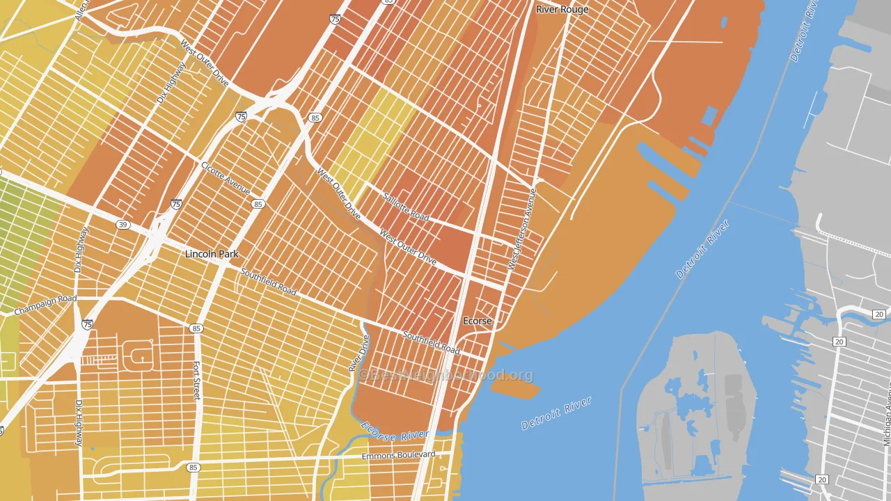 Map of the best neighborhoods in the 48229 area, with better matches in green and worse matches in red