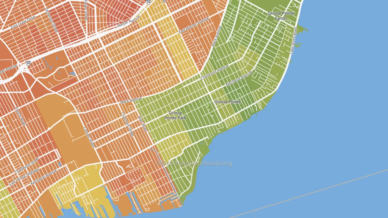Map of the best neighborhoods in the 48230 area, with better matches in green and worse matches in red