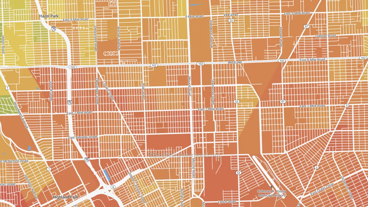 Map of the best neighborhoods in the 48234 area, with better matches in green and worse matches in red