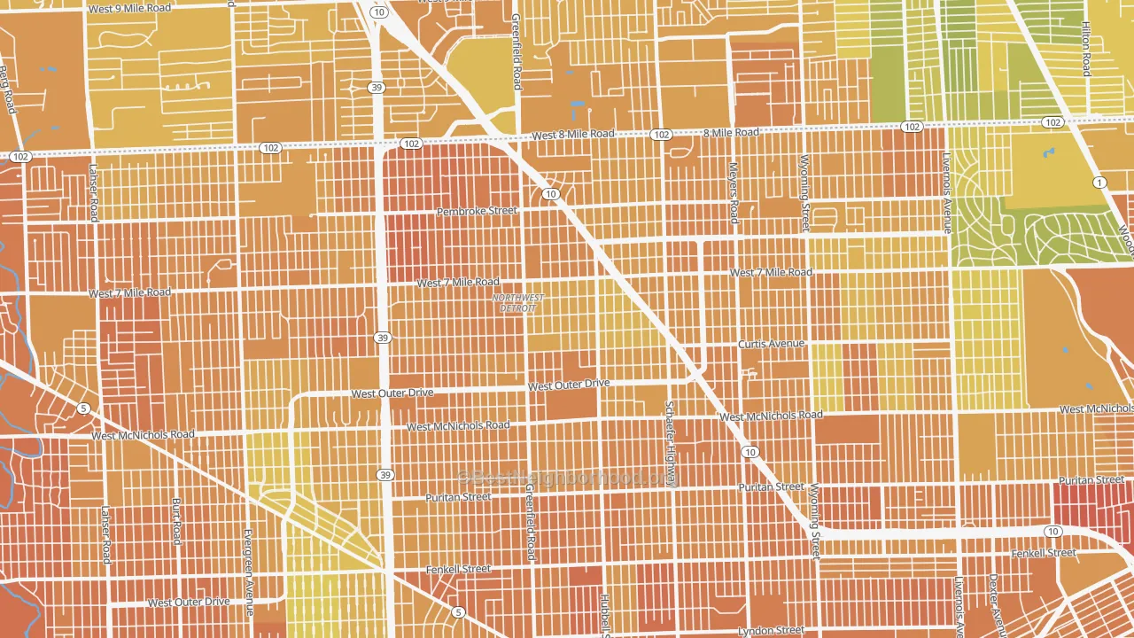 Map of the best neighborhoods in the 48235 area, with better matches in green and worse matches in red