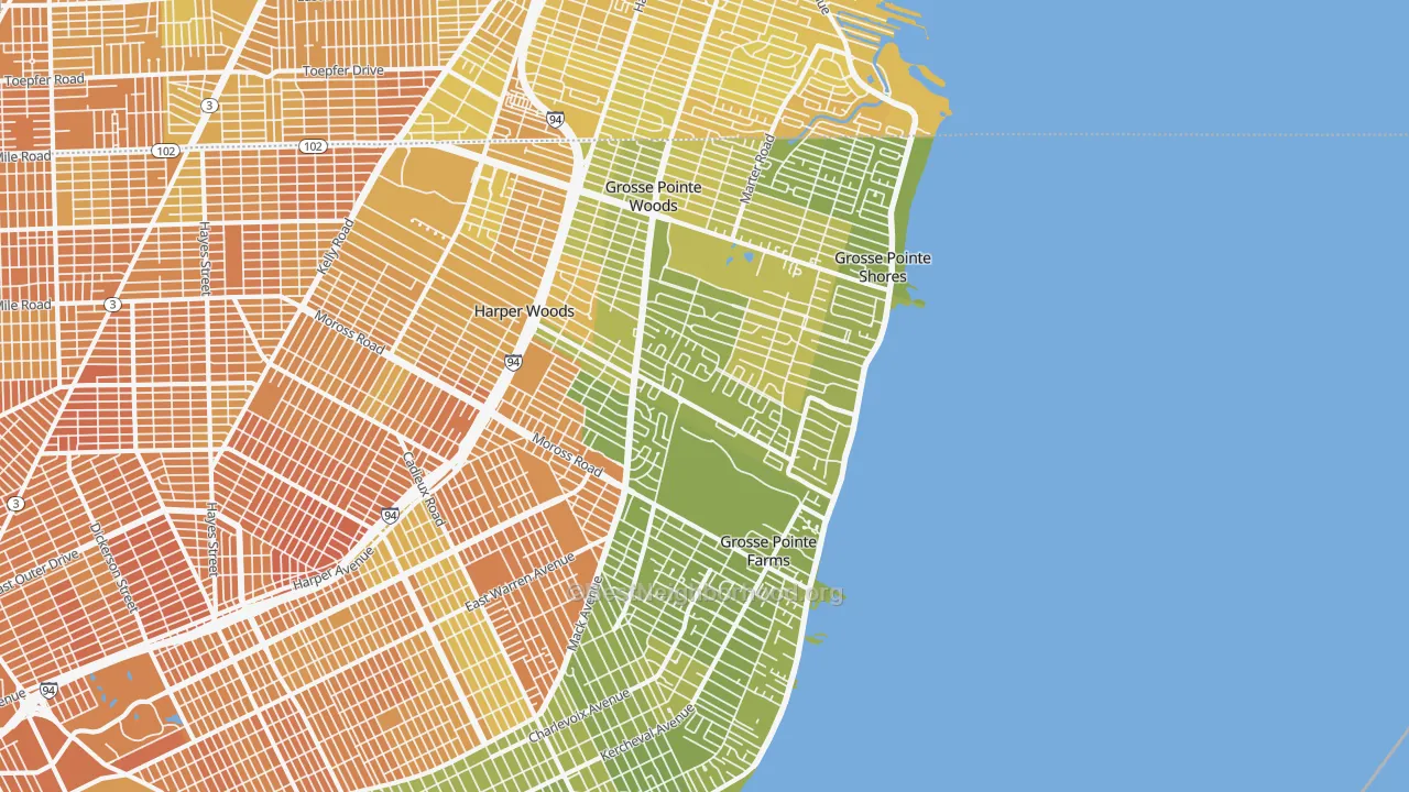 Map of the best neighborhoods in the 48236 area, with better matches in green and worse matches in red