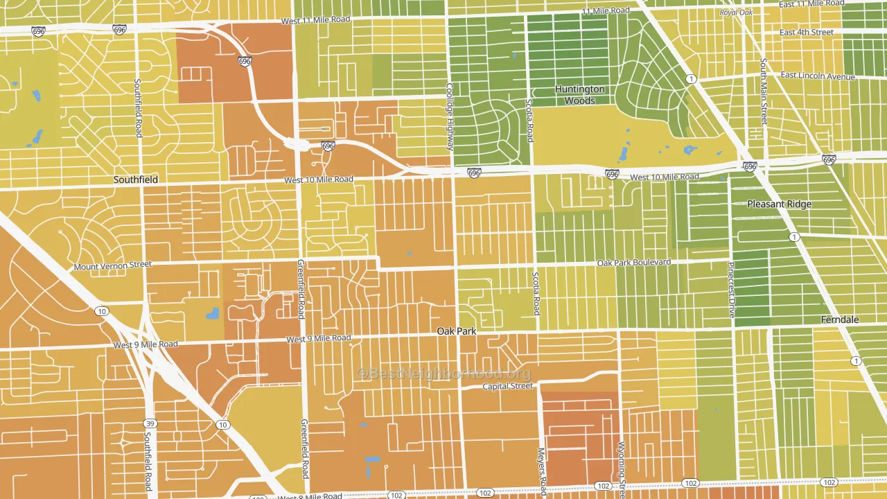 Map of the best neighborhoods in the 48237 area, with better matches in green and worse matches in red