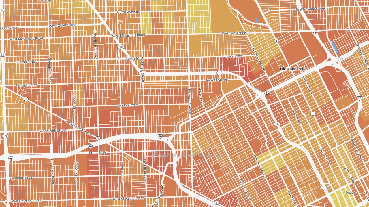 Map of the best neighborhoods in the 48238 area, with better matches in green and worse matches in red