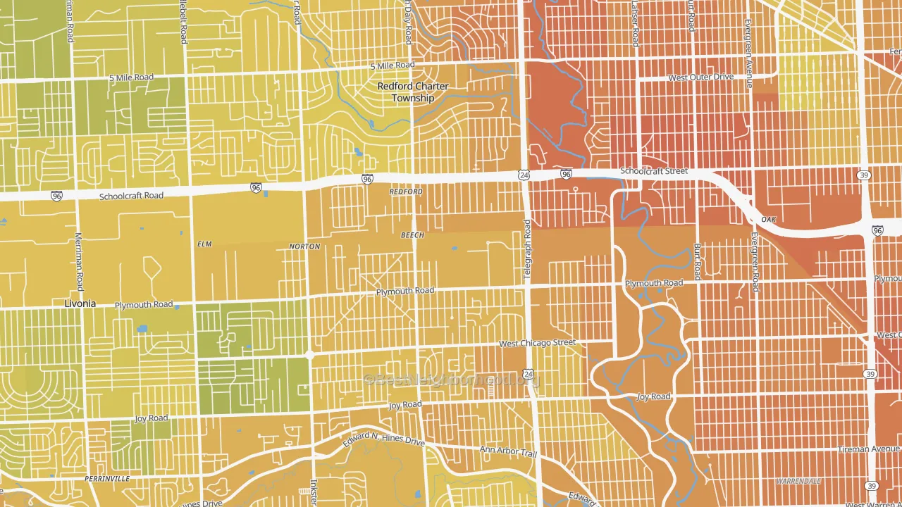 Map of the best neighborhoods in the 48239 area, with better matches in green and worse matches in red