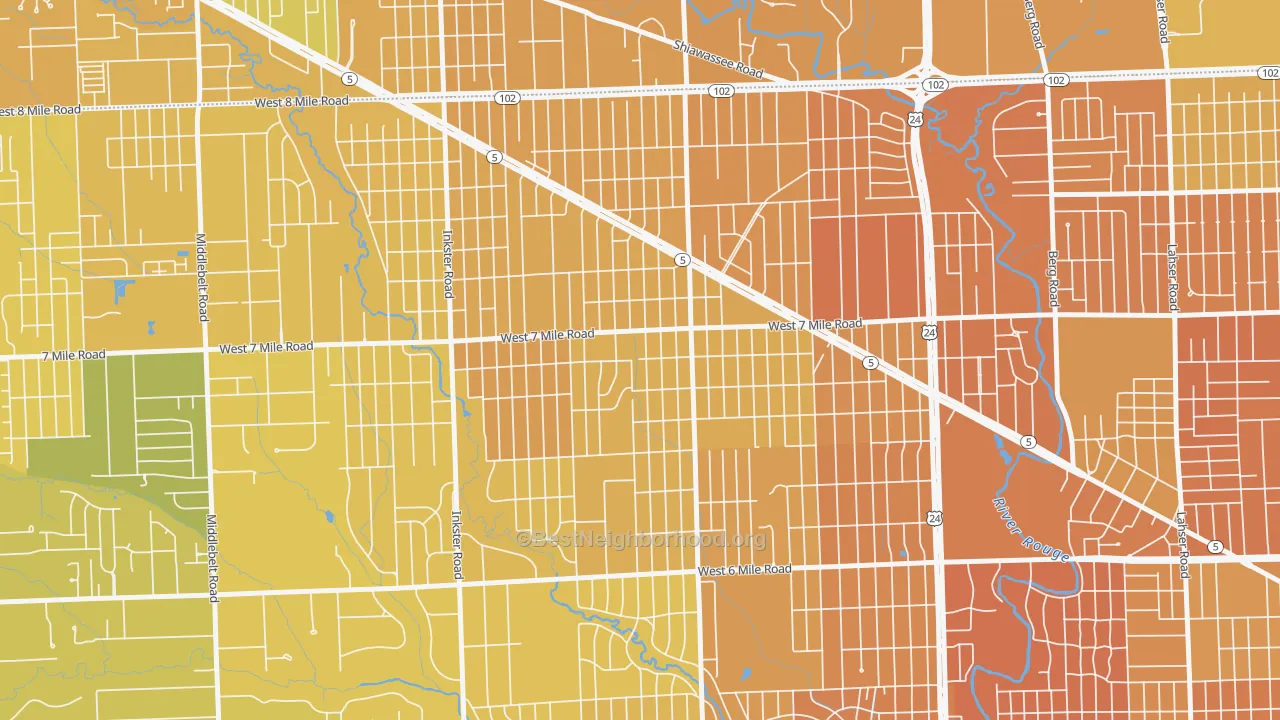 Map of the best neighborhoods in the 48240 area, with better matches in green and worse matches in red