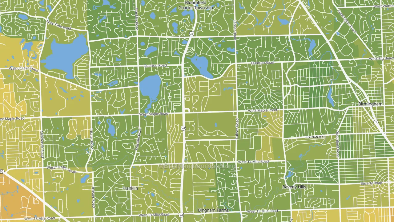 Map of the best neighborhoods in the 48301 area, with better matches in green and worse matches in red