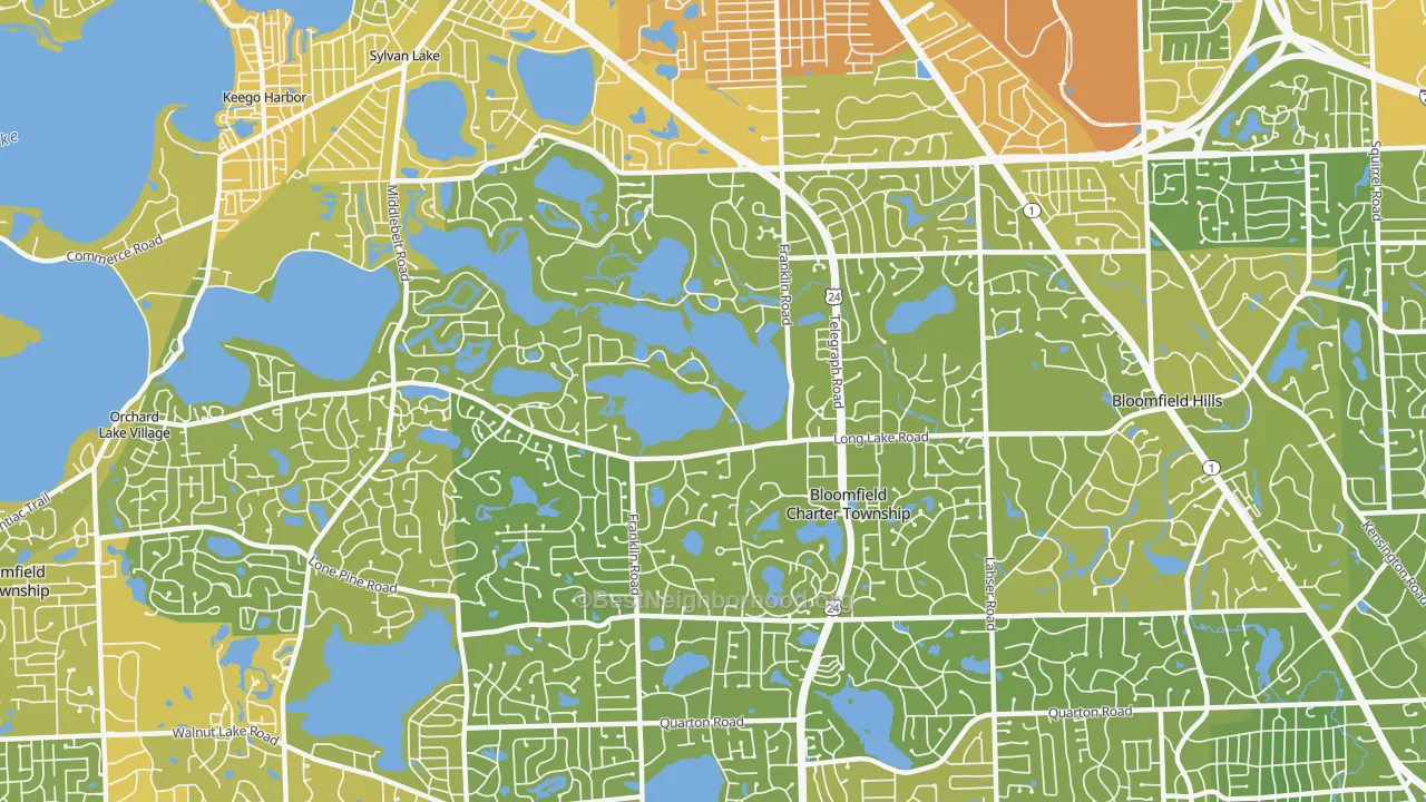 Map of the best neighborhoods in the 48302 area, with better matches in green and worse matches in red