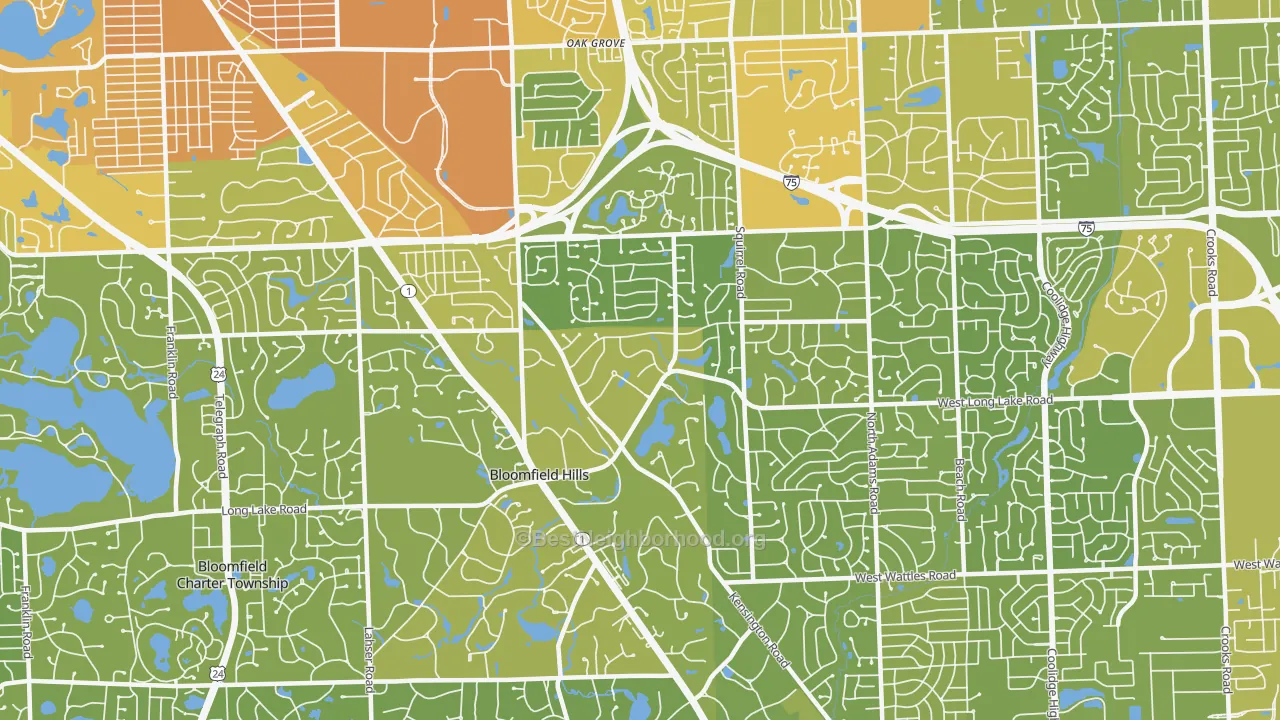 Map of the best neighborhoods in the 48304 area, with better matches in green and worse matches in red