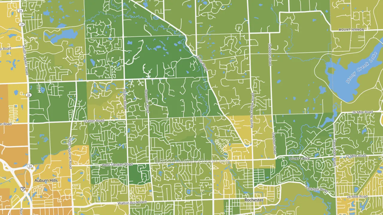 Map of the best neighborhoods in the 48306 area, with better matches in green and worse matches in red