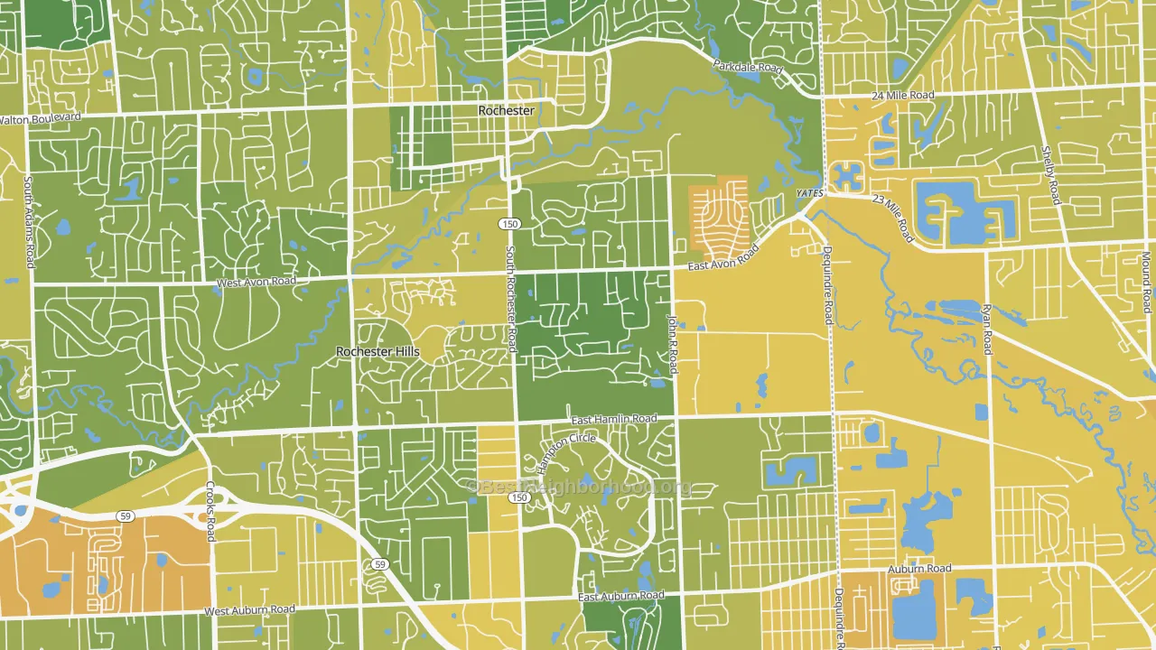 Map of the best neighborhoods in the 48307 area, with better matches in green and worse matches in red