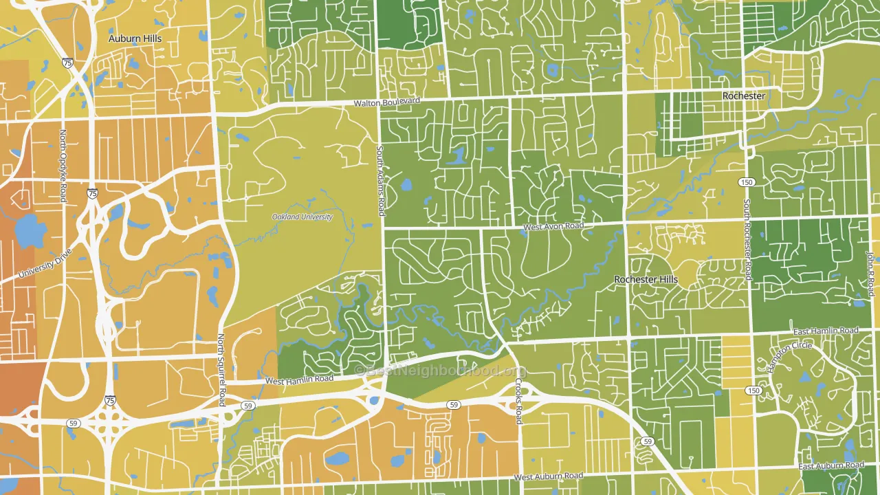 Map of the best neighborhoods in the 48309 area, with better matches in green and worse matches in red