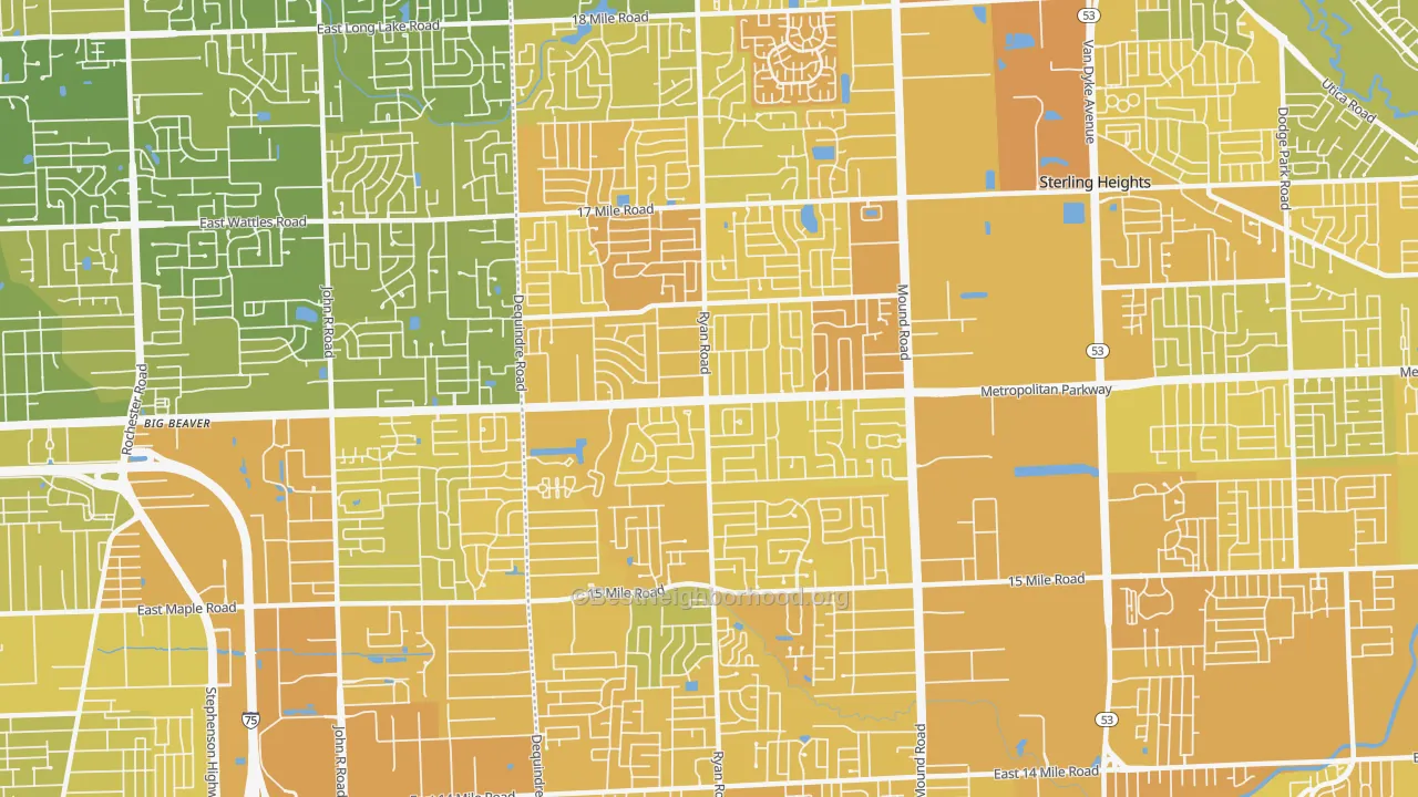 Map of the best neighborhoods in the 48310 area, with better matches in green and worse matches in red