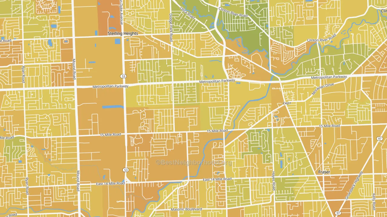 Map of the best neighborhoods in the 48312 area, with better matches in green and worse matches in red