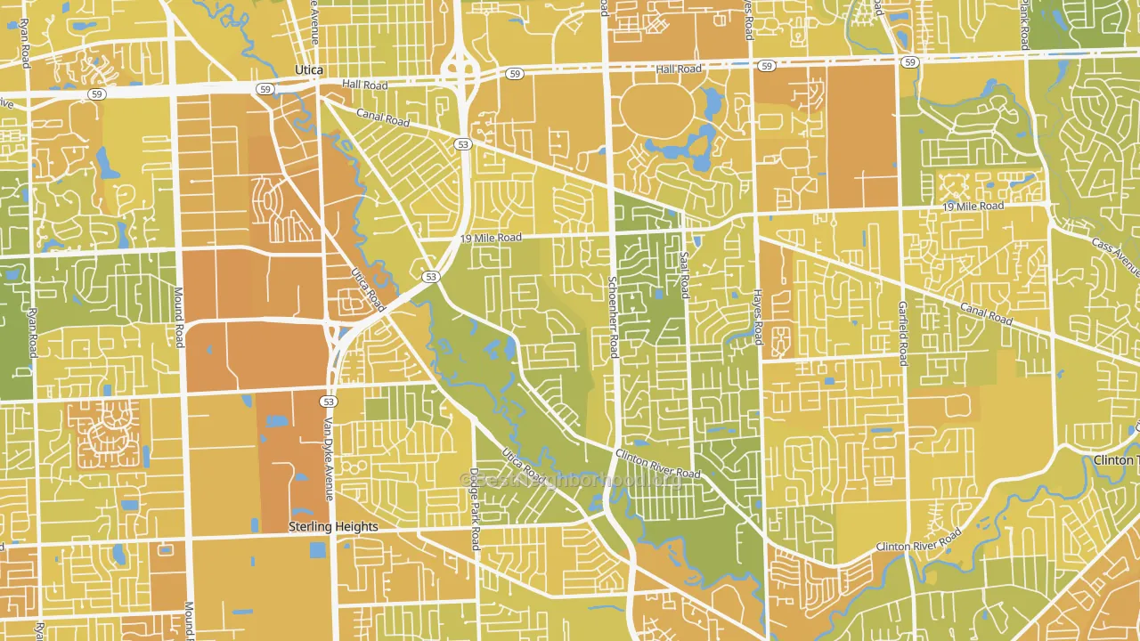 Map of the best neighborhoods in the 48313 area, with better matches in green and worse matches in red