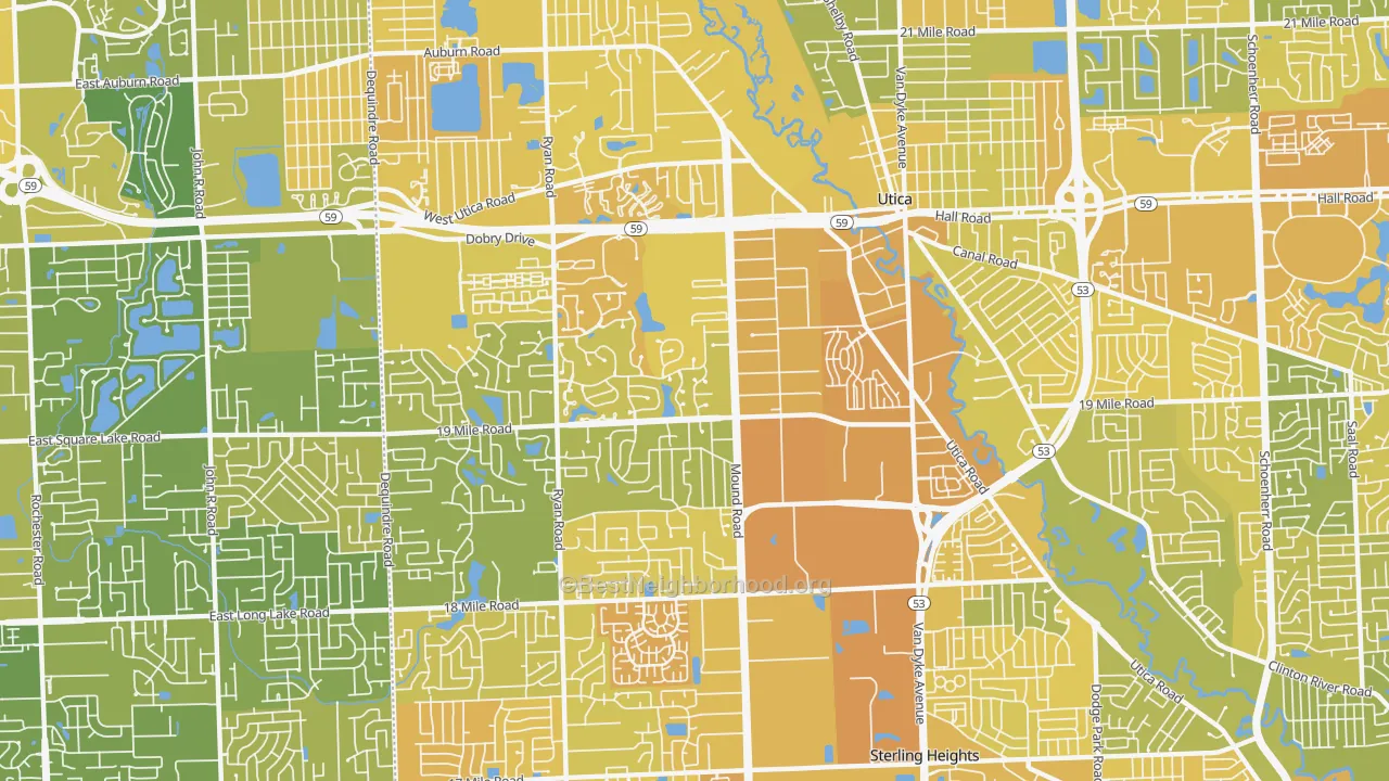 Map of the best neighborhoods in the 48314 area, with better matches in green and worse matches in red