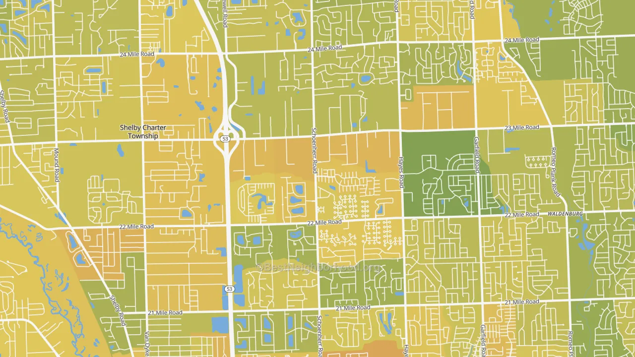 Map of the best neighborhoods in the 48315 area, with better matches in green and worse matches in red