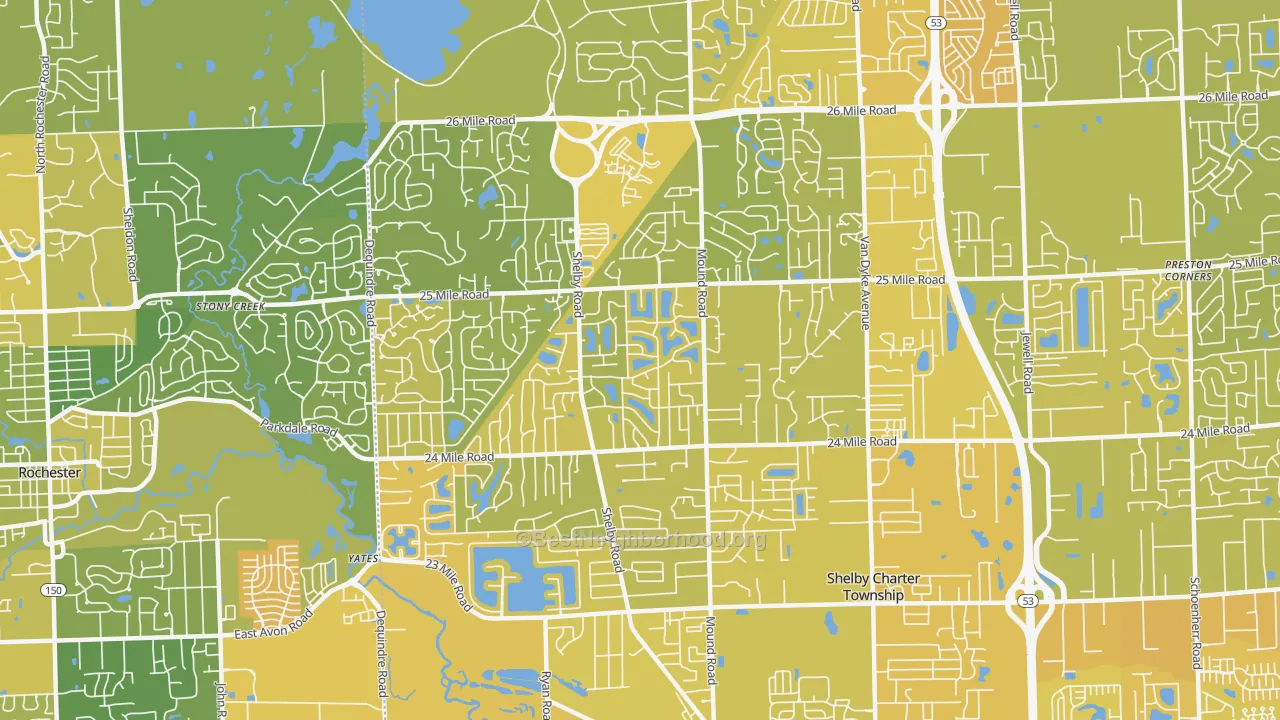 Map of the best neighborhoods in the 48316 area, with better matches in green and worse matches in red