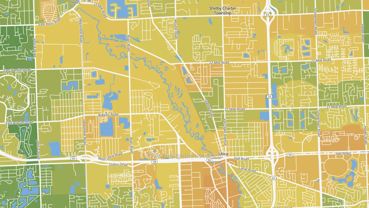 Map of the best neighborhoods in the 48317 area, with better matches in green and worse matches in red