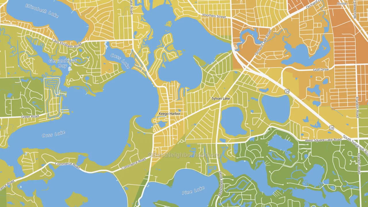 Map of the best neighborhoods in the 48320 area, with better matches in green and worse matches in red