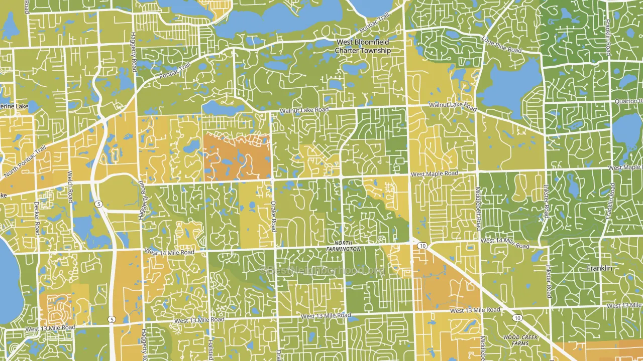 Map of the best neighborhoods in the 48322 area, with better matches in green and worse matches in red