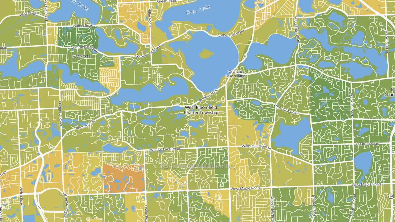 Map of the best neighborhoods in the 48323 area, with better matches in green and worse matches in red
