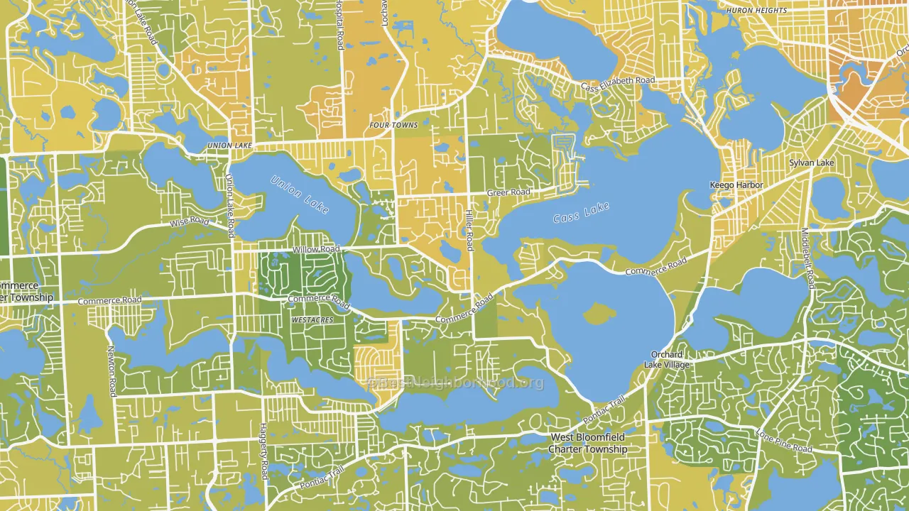 Map of the best neighborhoods in the 48324 area, with better matches in green and worse matches in red