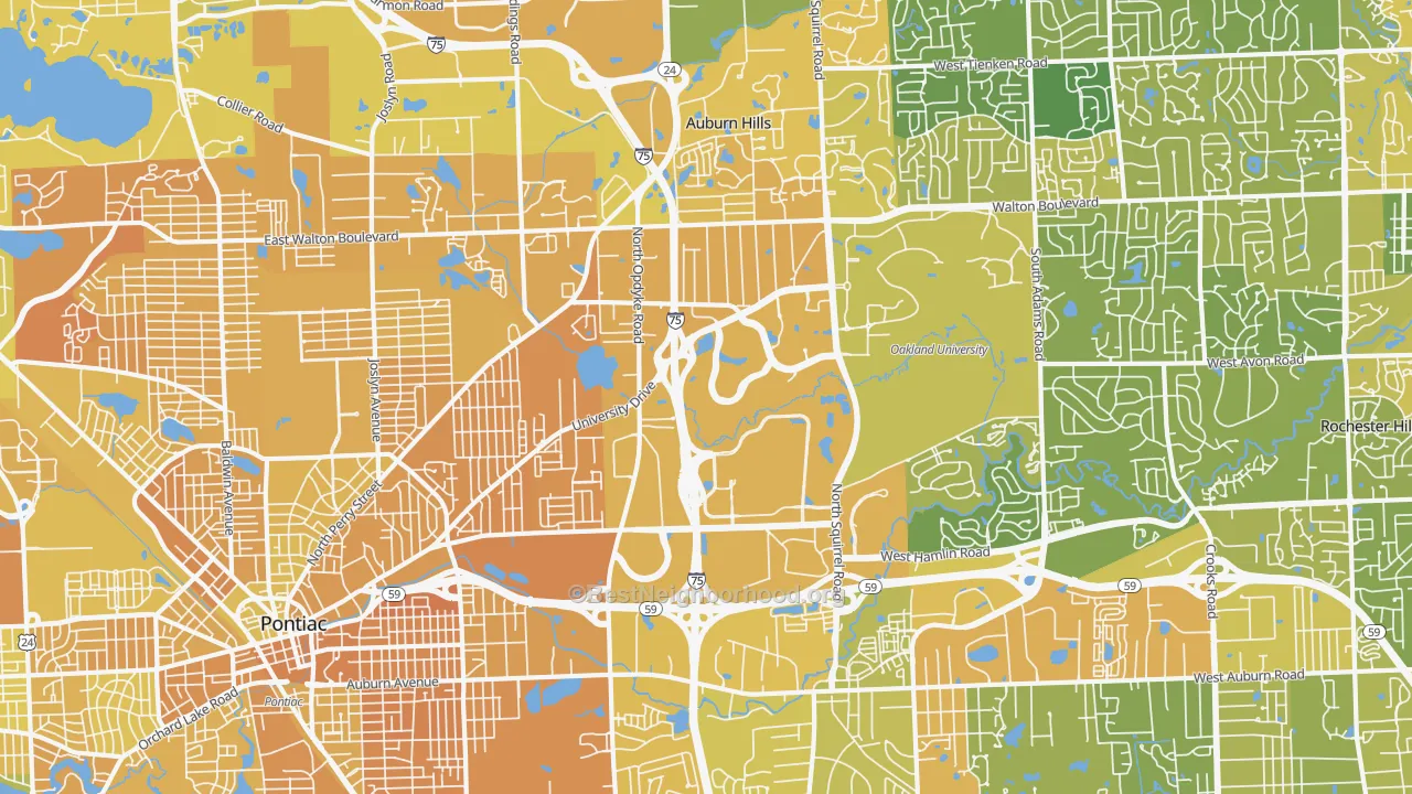 Map of the best neighborhoods in the 48326 area, with better matches in green and worse matches in red