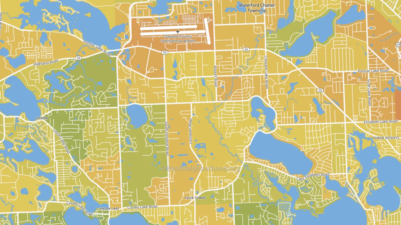 Map of the best neighborhoods in the 48327 area, with better matches in green and worse matches in red