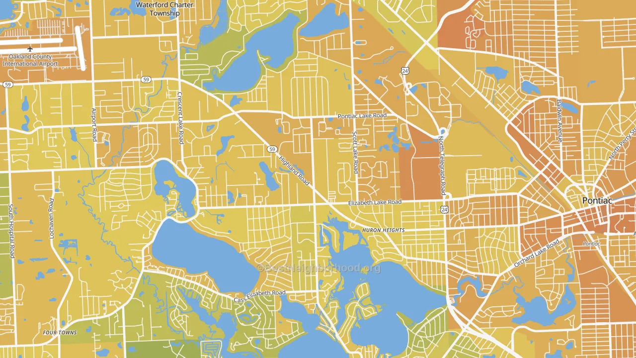 Map of the best neighborhoods in the 48328 area, with better matches in green and worse matches in red