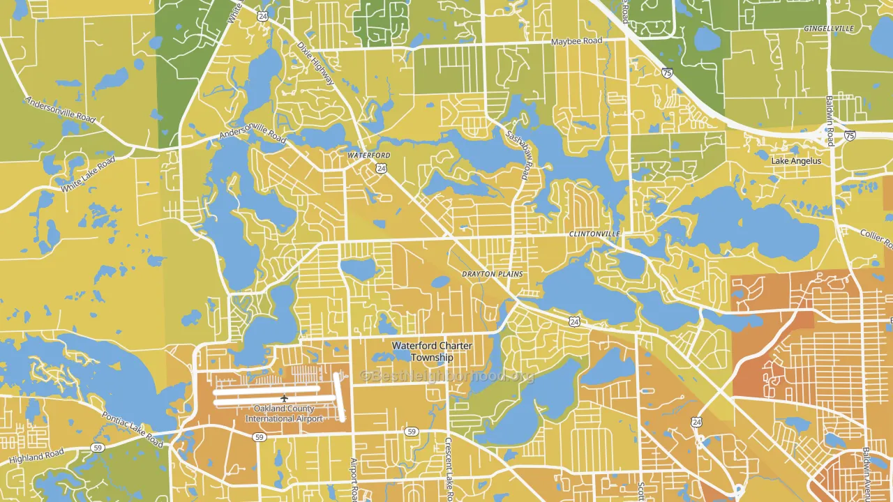 Map of the best neighborhoods in the 48329 area, with better matches in green and worse matches in red
