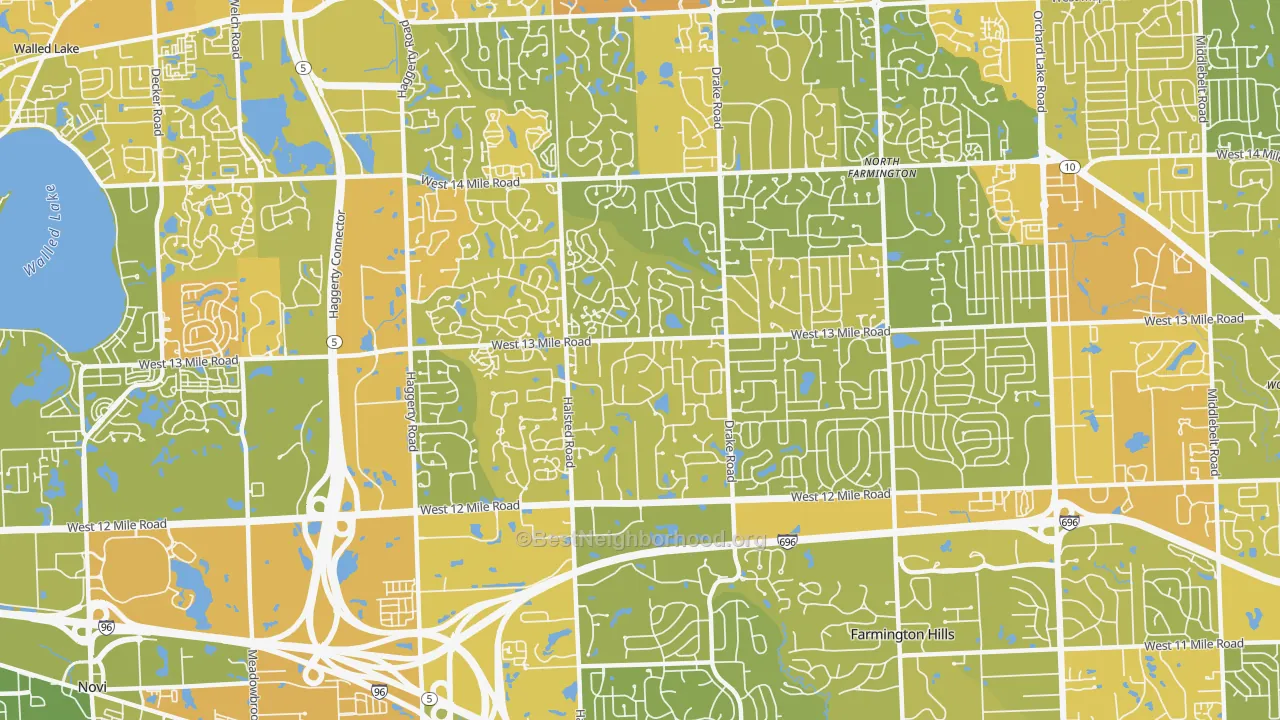 Map of the best neighborhoods in the 48331 area, with better matches in green and worse matches in red