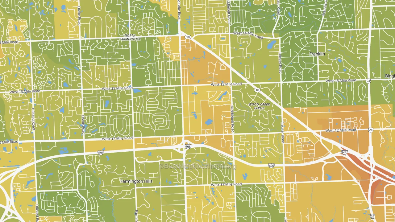 Map of the best neighborhoods in the 48334 area, with better matches in green and worse matches in red