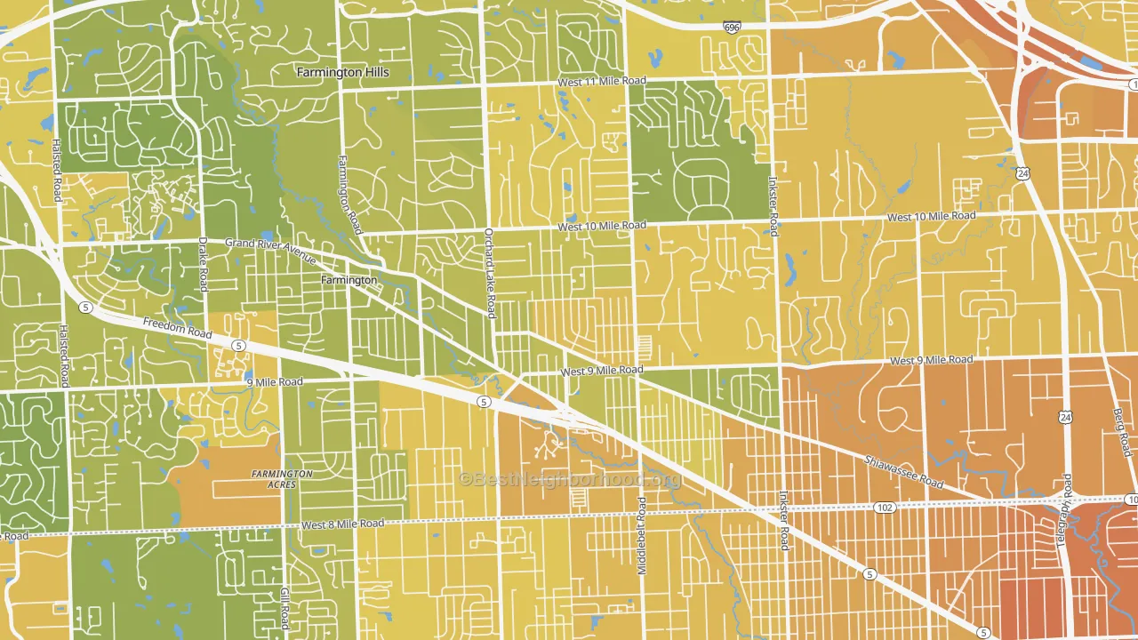 Map of the best neighborhoods in the 48336 area, with better matches in green and worse matches in red