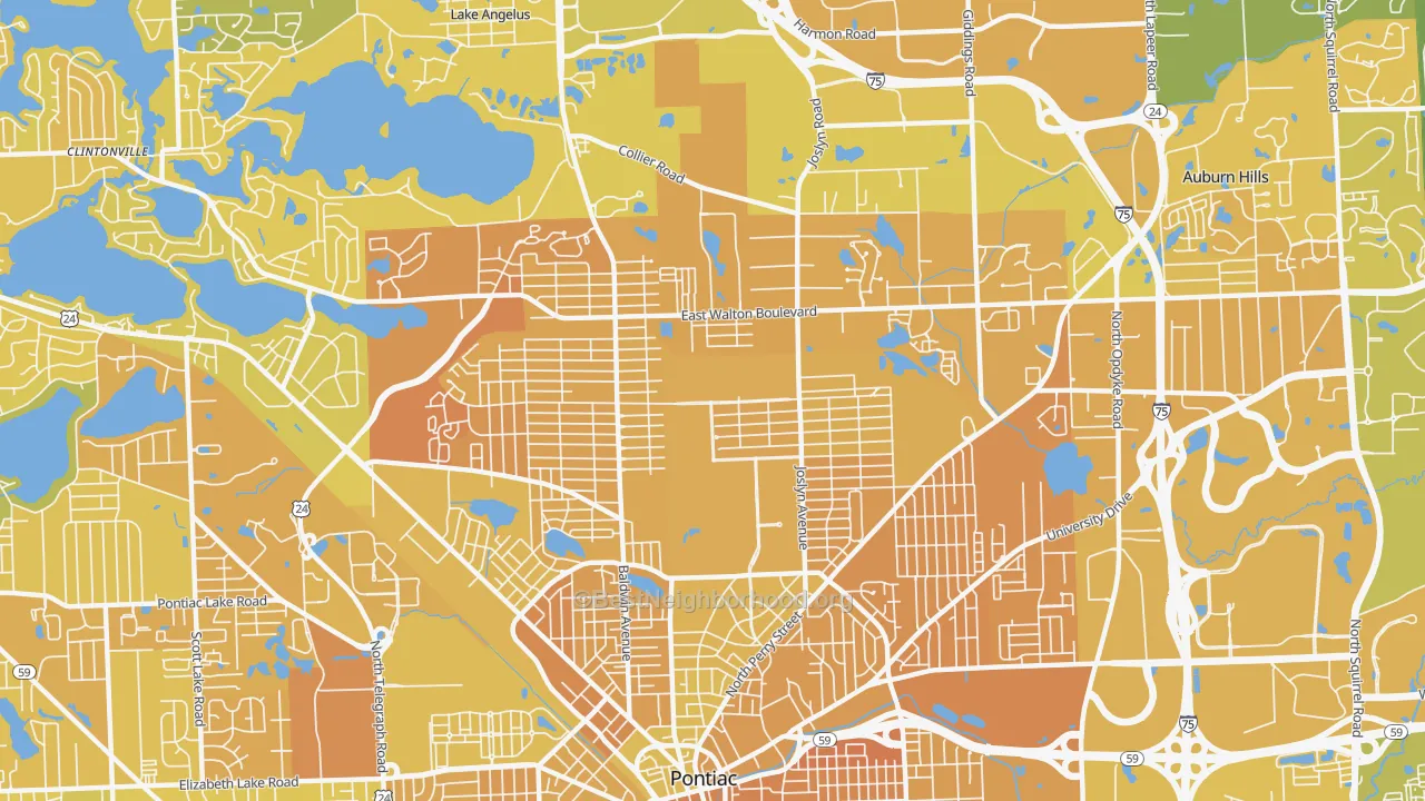 Map of the best neighborhoods in the 48340 area, with better matches in green and worse matches in red