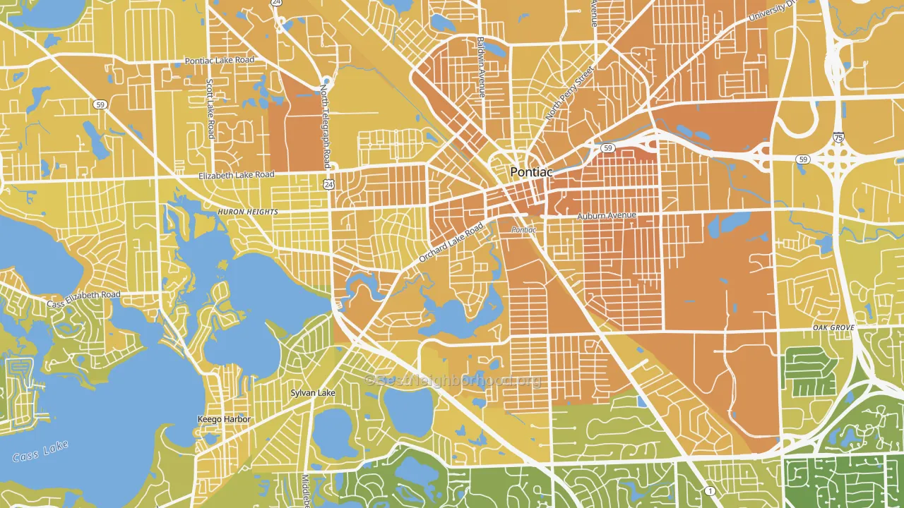Map of the best neighborhoods in the 48341 area, with better matches in green and worse matches in red