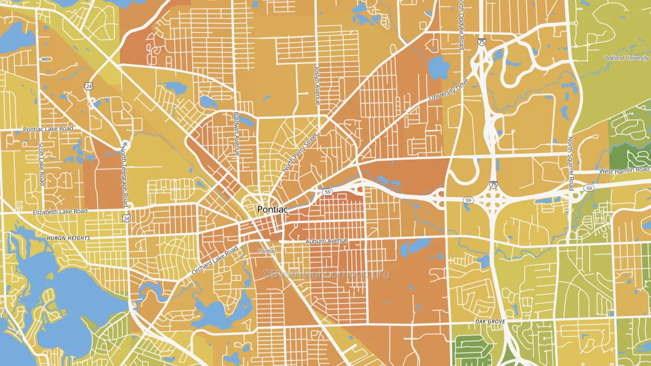 Map of the best neighborhoods in the 48342 area, with better matches in green and worse matches in red