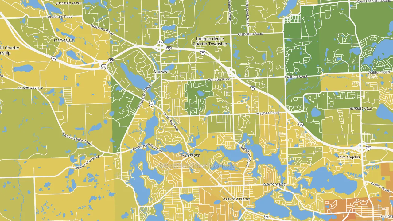 Map of the best neighborhoods in the 48346 area, with better matches in green and worse matches in red