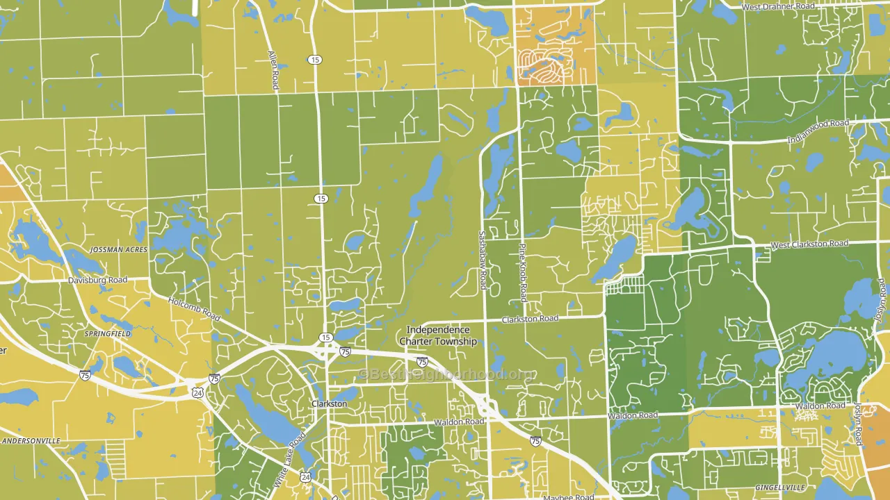 Map of the best neighborhoods in the 48348 area, with better matches in green and worse matches in red
