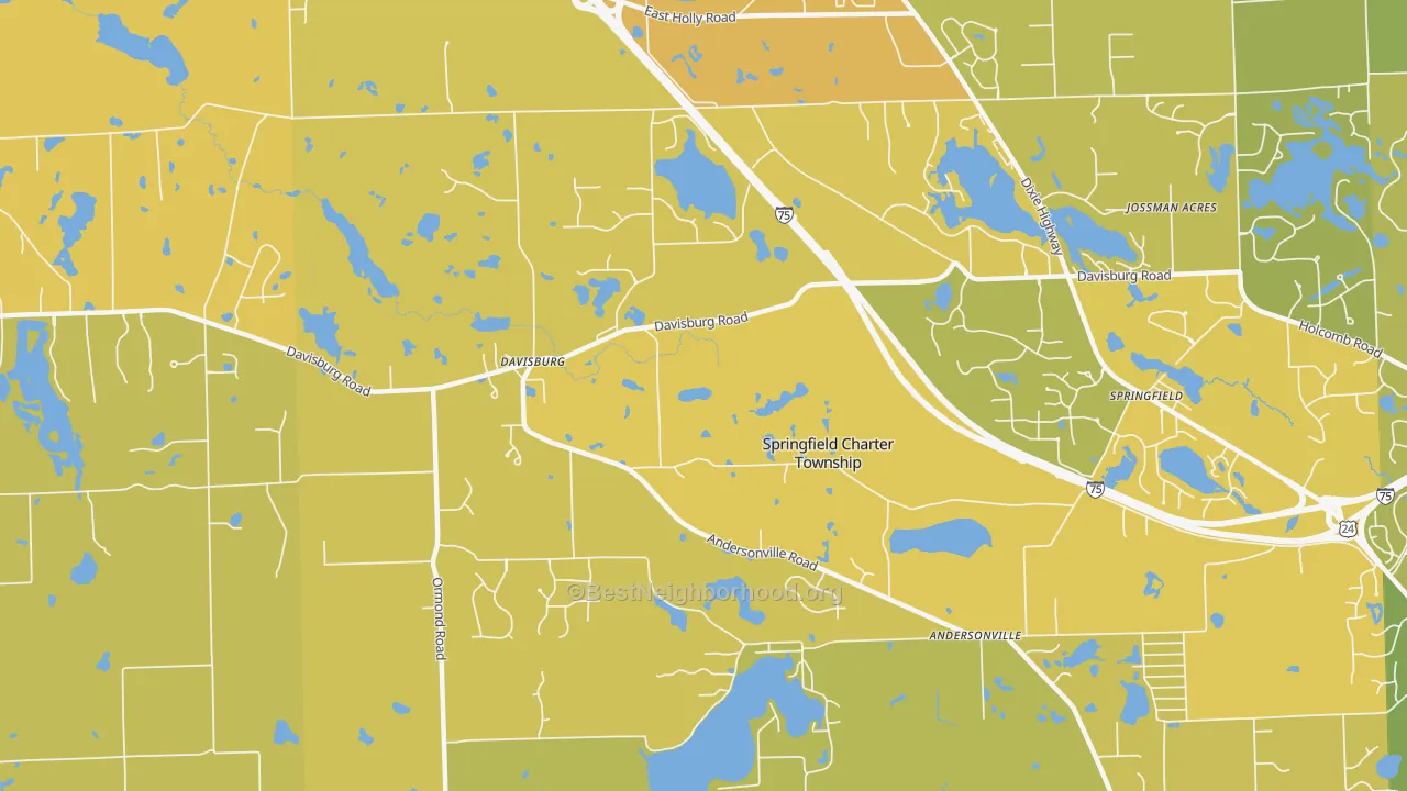Map of the best neighborhoods in the 48350 area, with better matches in green and worse matches in red