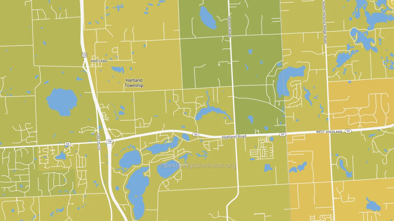 Map of the best neighborhoods in the 48353 area, with better matches in green and worse matches in red