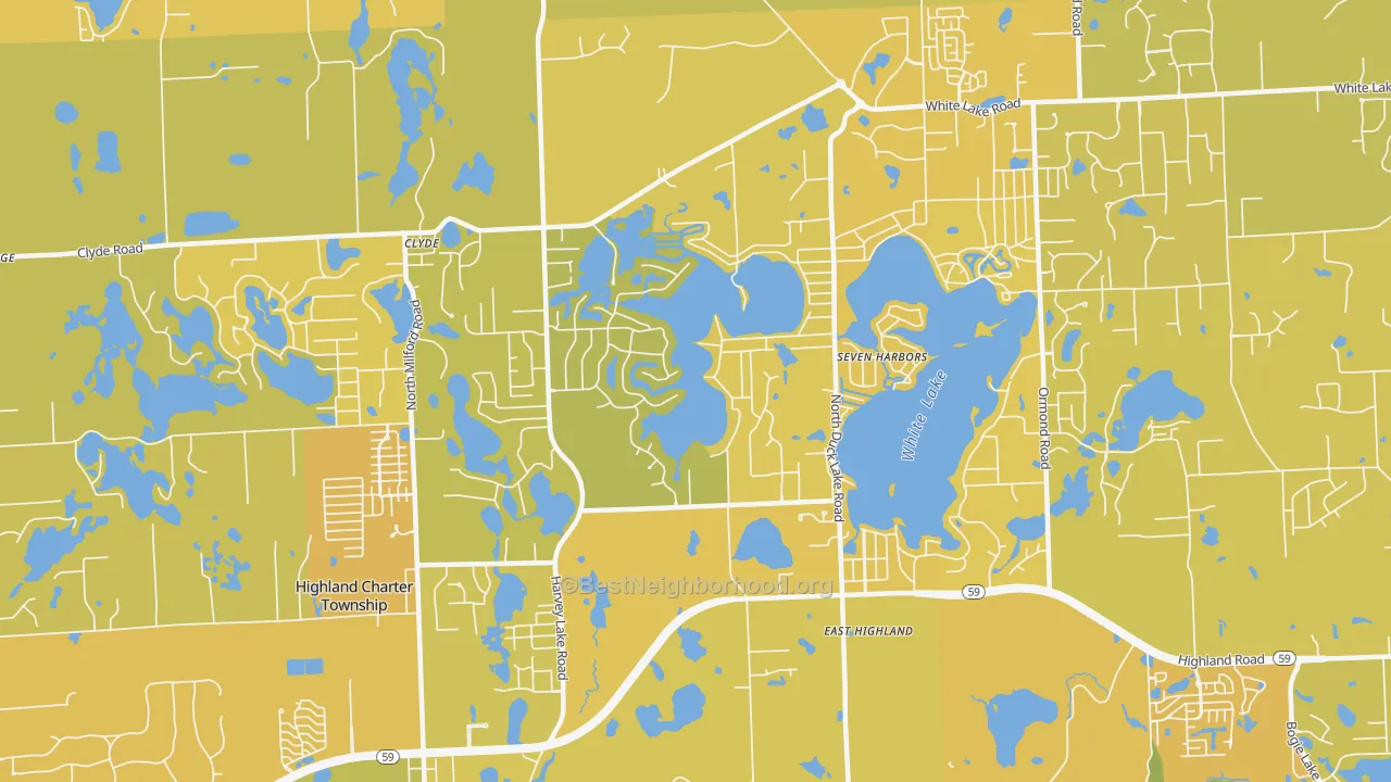 Map of the best neighborhoods in the 48356 area, with better matches in green and worse matches in red