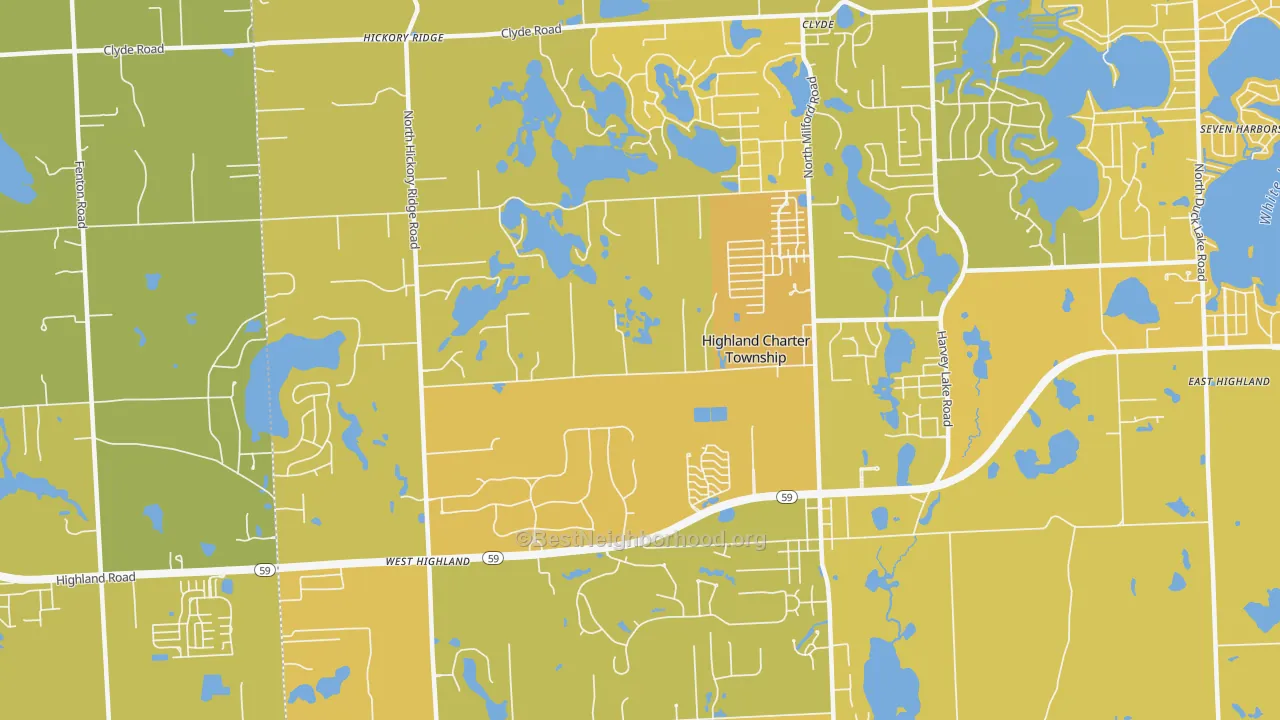 Map of the best neighborhoods in the 48357 area, with better matches in green and worse matches in red